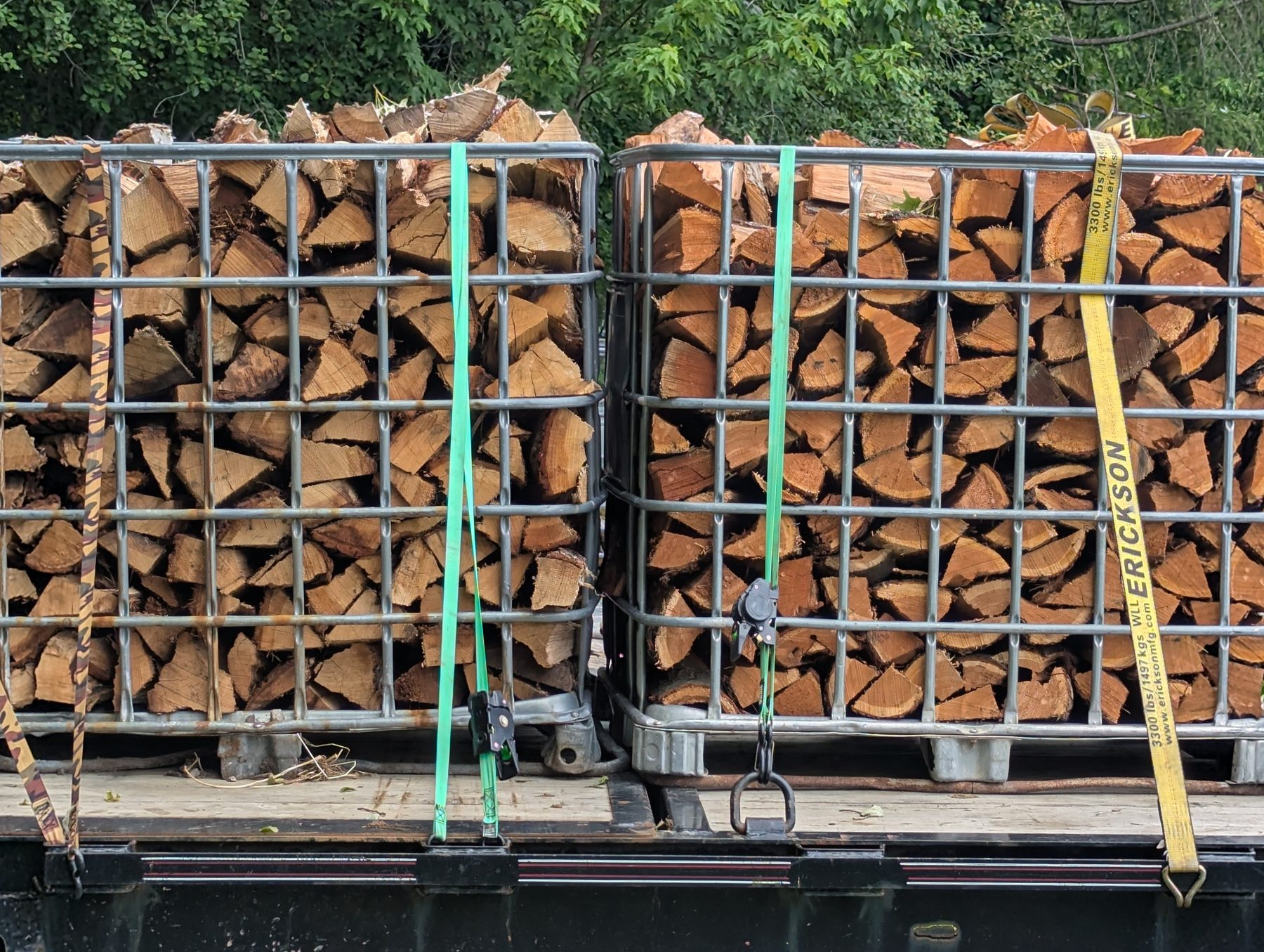 Seasoned white oak splits stacked for the firebox