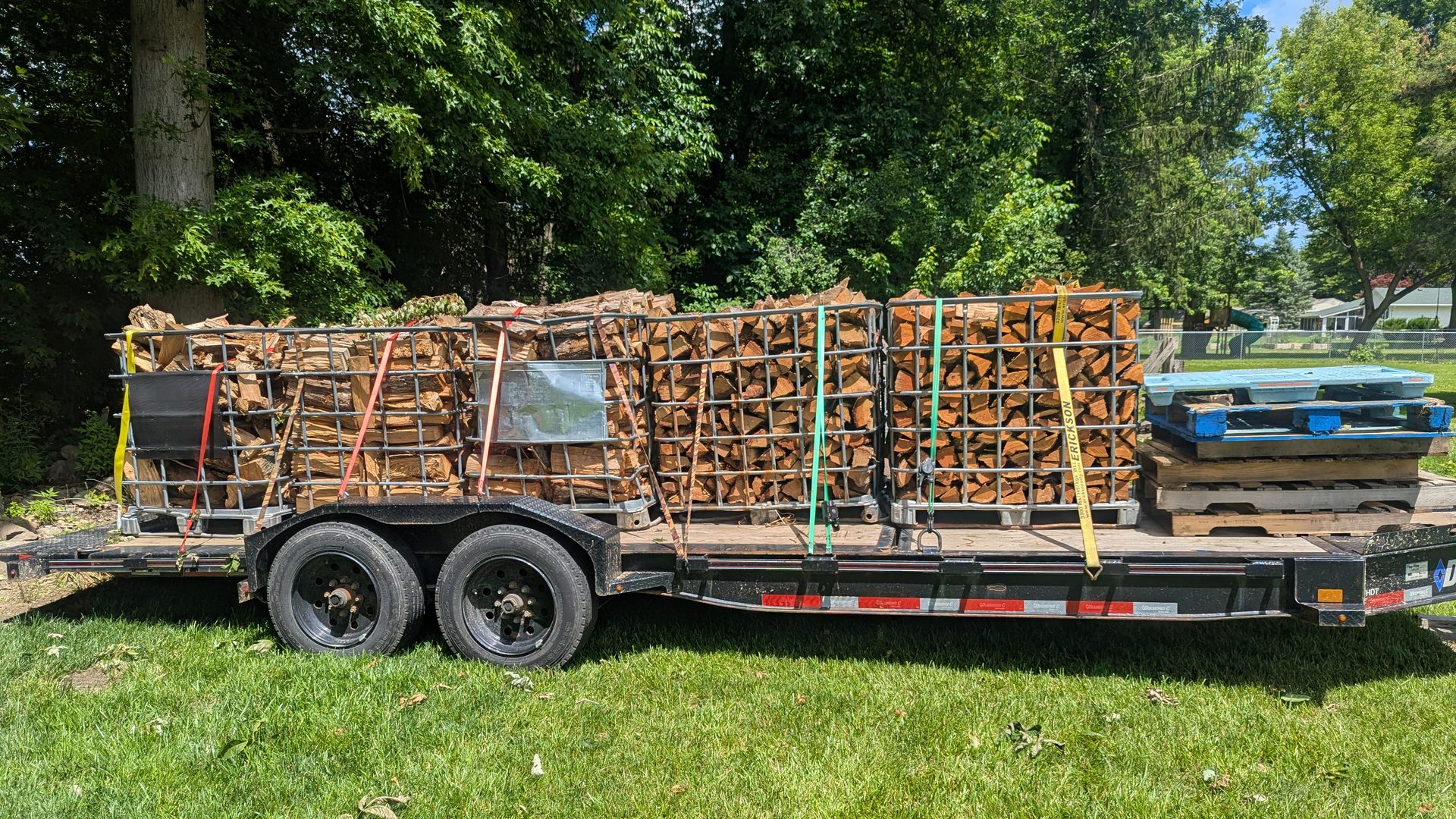 A trailer load of white oak splits headed for the Primitive Pits offset